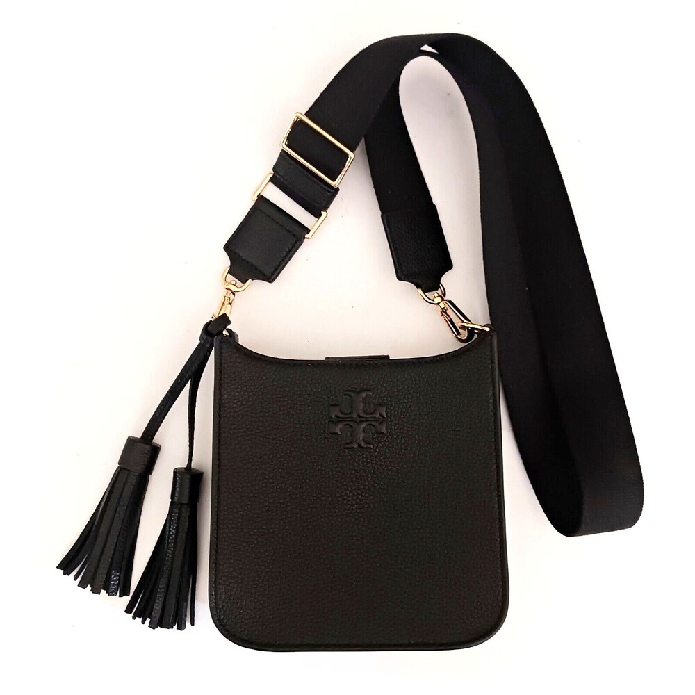 NEW Tory Burch Thea Crossbody Bag Blk Pebbled Leather Logo Tassel Trim